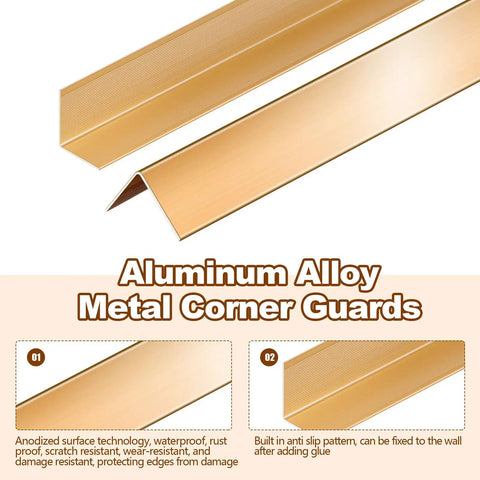 Top Shelf 30 Pieces Aluminum Corner Guards With Sleek Gold Finish Rock Solid Wall Edge Protectors For Doors Cabinets And Baseboards Smooth Molding Trim To Level Up Any Room Fast, showing gold metal corner guards with anti-slip pattern.