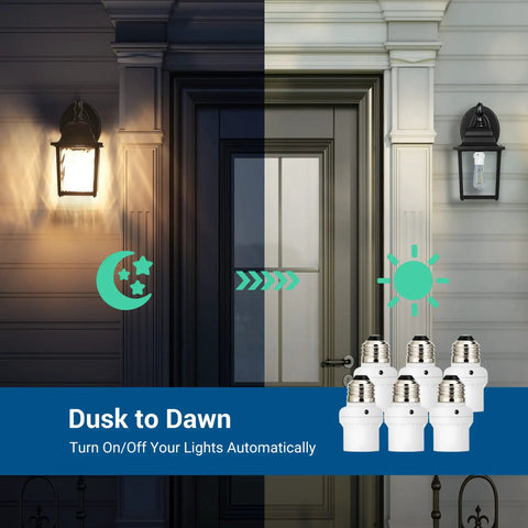 Side-by-side dusk and dawn effect using Automatic Dusk To Dawn Light Socket With Sensor, E26 E27 Lamp Socket, 6 Pack, outdoors