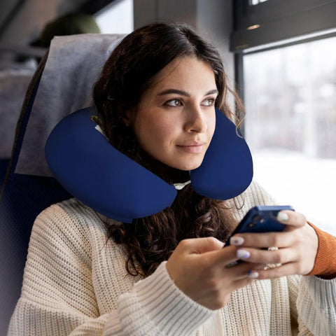 Woman using Maine State Flag Print U Shaped Travel Pillow With Memory Foam Core For Neck Support on train