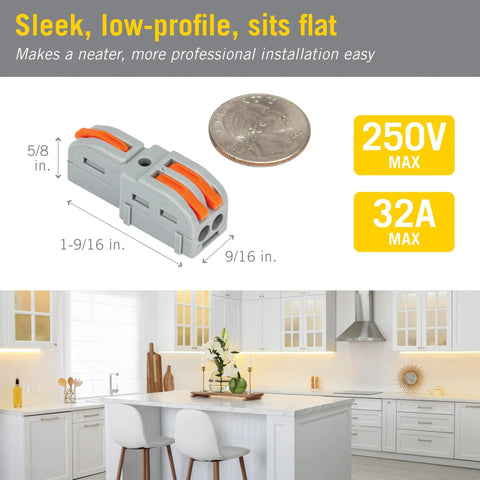 Hella Durable Modular Lever Wire Splitter Connectors For Quick Low Voltage Power Routing To Led Strips And Under Cabinet Install Smooth Operation Foolproof Grip Mechanism on kitchen countertop with dimensions.