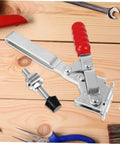 Two Pack Welding Toggle Clamps Quick Release Fixed Clamps Heavy Duty Iron Welding Tool on wooden workbench with tools.