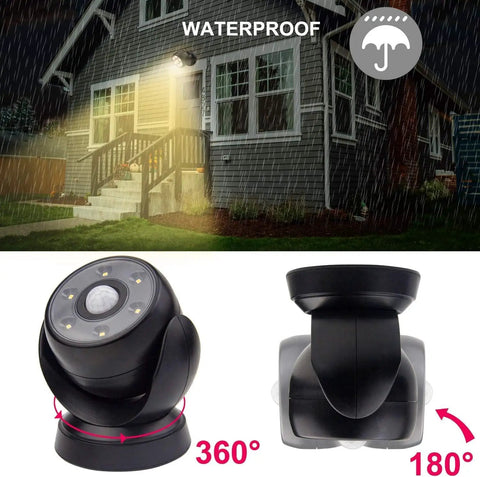 Battery Operated Motion Sensor Spotlight for Indoor and Outdoor Use Wireless LED Flood Light Waterproof Security Lighting 200 Lumen 360 Degree Base Rotation 180 Degree Swivel Head Great for Walls Front Door Porch Shed Hallways showing waterproof feature