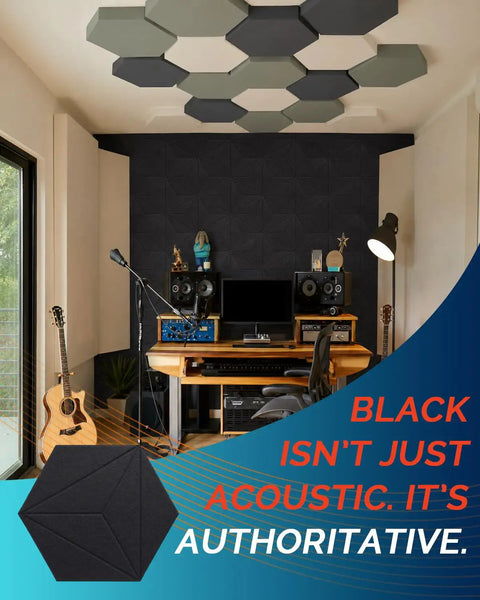 Amp Up Your Room Acoustics 42 Pack Hexagon Peel And Stick Acoustic Panels High Density Polyester Felt Foam Wall Tiles For Home Studio And Gaming Setup Crisp Clear Audio Vibes in a modern studio with hexagonal tiles.