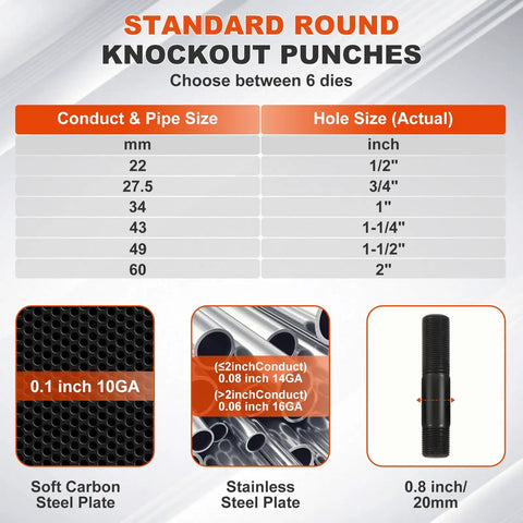 Table of standard round knockout punches, sizes 1/2 to 2 inches, with steel and stainless steel plate examples. Beefy 15 Ton Hydraulic Knockout Punch Kit With Ten Dies And One Half Inch To Four Inch Conduit Hole Cutter Set, Heavy Duty Punch Tool For Steel, Stainless Steel, Aluminum And Plastic.