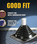 Pro Grade Heavy Duty Four Inch Metal Roof Pipe Boot Featuring Flexible Silicone Flashing Base For Corrugated Steel Roofs Tough As Nails Black Leak Proof Seal on a metal corrugated roof.