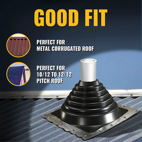 Pro Grade Heavy Duty Four Inch Metal Roof Pipe Boot Featuring Flexible Silicone Flashing Base For Corrugated Steel Roofs Tough As Nails Black Leak Proof Seal on a metal corrugated roof.