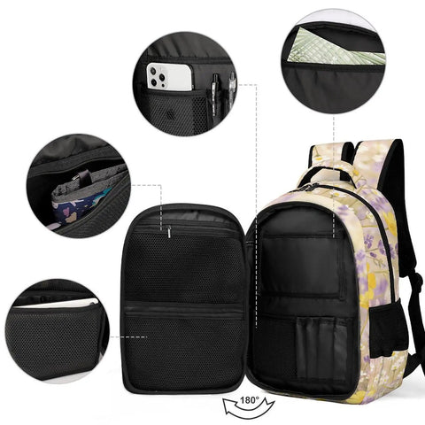 Soft Pink Watercolor Bloom Printed Backpack For Unisex Everyday Use Large Capacity Travel School Bag interior pockets open