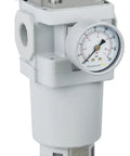 Beefy Heavy Duty Compressed Air Filter Regulator Piggyback Combo, 3/4 Inch NPT with metal bowl, gauge, and bracket, side view
