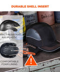 Safety Bump Cap Baseball Hat Style With Removable HDPE Shell And Foam Padding displayed on a workbench with protective lining
