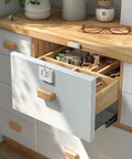 Solid Keyless Cabinet Lock With Three Digit Combo For Sliding Doors And Drawers Featuring Anti Pry Bar And No Sweat Install White Finish securing a drawer.