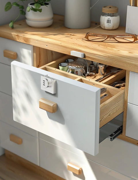 Solid Keyless Cabinet Lock With Three Digit Combo For Sliding Doors And Drawers Featuring Anti Pry Bar And No Sweat Install White Finish securing a drawer.