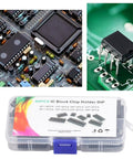 66Pcs Insulated IC Socket Kit 6P To 28P Flat Pin Sockets for PCB Boards Plastic IC Socket Assortment Set in a storage box.