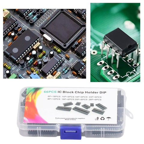 66Pcs Insulated IC Socket Kit 6P To 28P Flat Pin Sockets for PCB Boards Plastic IC Socket Assortment Set in a storage box.