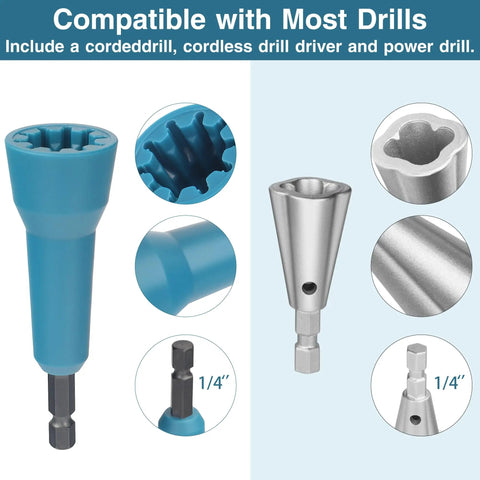 Two Pack Wire Nut Twister Set For Drill Chuck Quarter Inch showing blue and silver twisting tools compatible with most drills