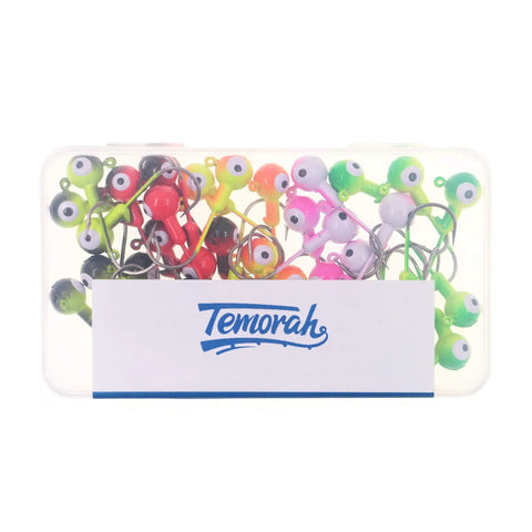 Top Shelf Ball Head Jig Heads Set With Razor Sharp High Carbon Steel Hooks For Freshwater Saltwater Fishing 1 32oz To 1 2oz Assorted Two Tone 50 Piece Pack in clear box.