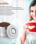Universal Reusable K Cup Filters For Single Cup Coffee Makers Compatible With 1.0 And 2.0 Models next to woman drinking coffee