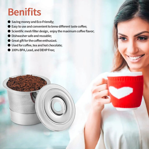 Reusable K Cup Coffee Filters For Keurig 1.0 And 2.0 Single Cup Makers Universal KCups Filter 2 pack next to woman with coffee mug.