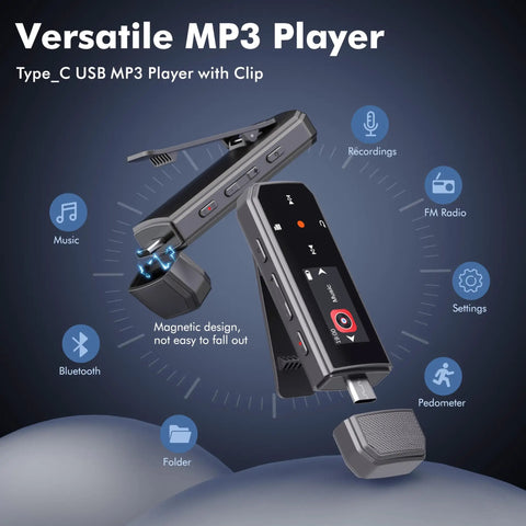 64GB Type C USB MP3 Player With Bluetooth 5.3 Clip On Portable Music Player showing features like FM radio and pedometer