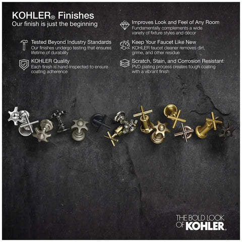 Various metal faucet designs displayed on a dark stone surface showcasing Kohler's durable finishes and corrosion-resistant technology.