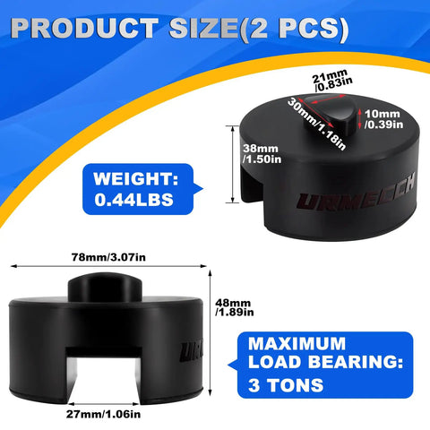 Durable Rubber Jack Pad Set dimensions and weight for Porsche models, supporting up to 3 tons, dual-use for safe home garage lifting.