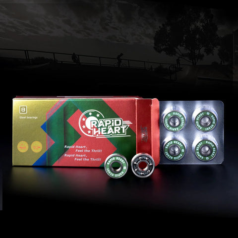 Rapid Heart 8-pack 608 2RS green steel bearings for skateboards, longboards, inline and roller skates