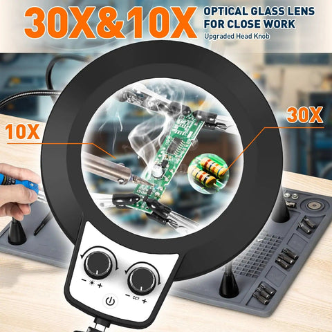 Helping Hands Soldering Station With Silicone Mat, 30x And 10x LED Magnifying Glass With Light, close-up of PCB under lens