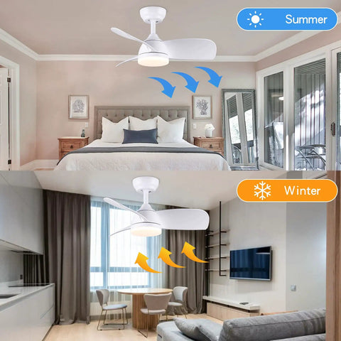 Dope 28 Inch Ceiling Fan With Lights And Remote Energy Efficient DC Silent Motor shown in bedroom and living room settings.
