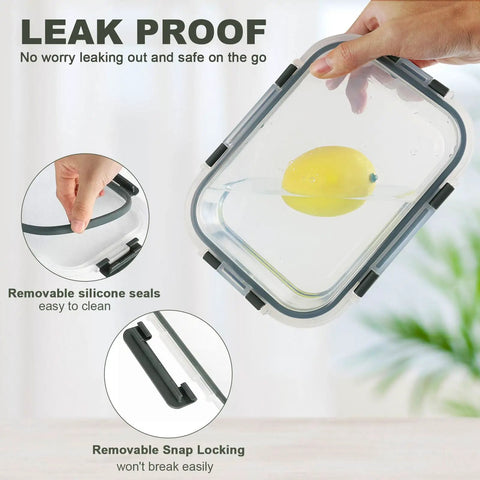 Hand holding 30 Piece Glass Food Storage Containers Set With Snap Lock Lids Airtight Meal Prep showing leak-proof with lemon inside