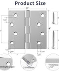 Beefy 4 Inch Exterior Door Hinges Pack Of 6 In Brushed Nickel With Square Corners And Removable Pin For Front And Back Doors Anti Rust No Squeaks Easy Install with measurements and screws shown