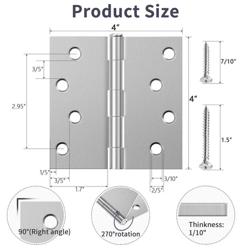 Beefy 4 Inch Exterior Door Hinges Pack Of 6 In Brushed Nickel With Square Corners And Removable Pin For Front And Back Doors Anti Rust No Squeaks Easy Install with measurements and screws shown