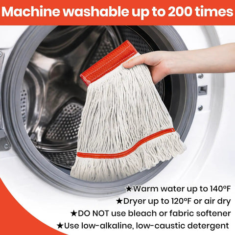 Six Pack Safety Orange Cotton Mop Head Replacements Built Tough Heavy Duty String Refills being placed in a washing machine for cleaning.
