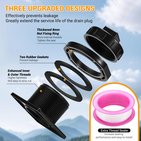 Stock Tank Drain Plug Kit Fits 50 70 100 150 300 Gallon Tanks Replacement Plug For 2 Inch Holes Compatible With Most Stock Tanks Easy Install Durable Waterproof Seal showing three upgraded designs with rubber gaskets and thread sealer.