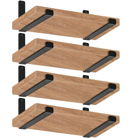 Matte Black J Lip Wall Shelf Brackets Hella Sturdy 8 Pack Industrial Rustic Farmhouse Floating Shelf Supports With All Hardware mounted with wooden shelves.