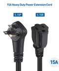 Heavy Duty Short Power Extension Cord 1 Foot, 14AWG 15A, Low Profile Plug, Black, 2-Pack NEMA 5-15P To 5-15R closeup view