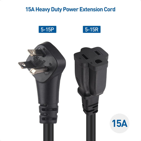 Heavy Duty Short Power Extension Cord 1 Foot, 14AWG 15A, Low Profile Plug, Black, 2-Pack NEMA 5-15P To 5-15R closeup view