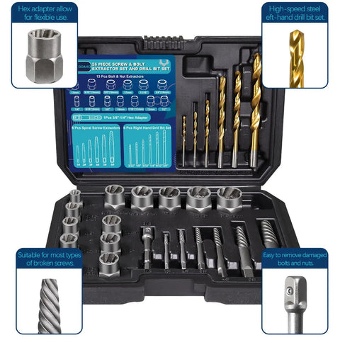 26 Piece Impact Bolt And Spiral Screw Extractor Set With Left Hand Reverse Drill Bits includes SAE and metric sizes in case