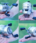 Four views of a Spincast Fishing Reel Size 30 with Easy Right or Left Hand Retrieve, Smooth 3.9 To 1 Gear Ratio, Silver Finish.