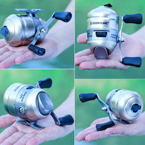 Four views of a Spincast Fishing Reel Size 30 with Easy Right or Left Hand Retrieve, Smooth 3.9 To 1 Gear Ratio, Silver Finish.