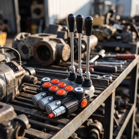 Heavy Duty Manual Hydraulic Directional Control Valve Block Featuring A Rock Solid Cast Iron Housing And Comfortable Lever Actuator for easy handling.