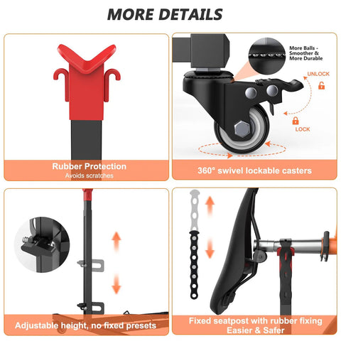 Close-up of Freestanding Vertical Bike Stand features: rubber protection, swivel casters, adjustable height, and fixed seatpost.