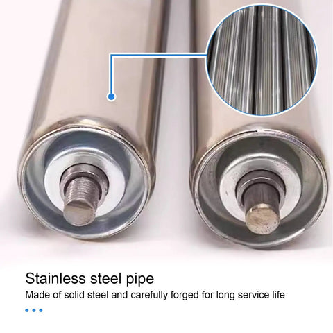 Close-up of 4 Stainless Steel Roller Wheels Set Heavy Duty Non Driven Load Rollers For Commercial Conveyors DIY Projects