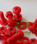 Top Tier Red Polypropylene Pan Head Cross Recess Fasteners M6 X 20mm Set Includes Matching Nuts And Washers on table.