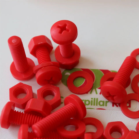 Top Tier Red Polypropylene Pan Head Cross Recess Fasteners M6 X 20mm Set Includes Matching Nuts And Washers on table.