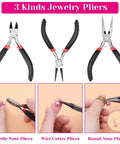 All In One 1857 Pcs Jewelry Making Kit For Adults With Pliers Wires Chains Earring Hooks Findings Elastic Cord Waxed String Caliper And Helping Hands For DIY Home Crafting Jewelry Making And Quick Repairs showing three types of jewelry pliers.