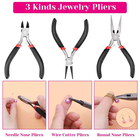 All In One 1857 Pcs Jewelry Making Kit For Adults With Pliers Wires Chains Earring Hooks Findings Elastic Cord Waxed String Caliper And Helping Hands For DIY Home Crafting Jewelry Making And Quick Repairs showing three types of jewelry pliers.