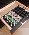 Open drawer with Neat 40 Pod Coffee Pod Organizer Drawer Tray For K Cup Keurig Pods Compatible Holder showcasing full arrangement