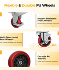 CAMMOO hydraulic lift cart wheels infographic showing front red PU wheel, 360° rear swivel wheels, and durable PU wheels.