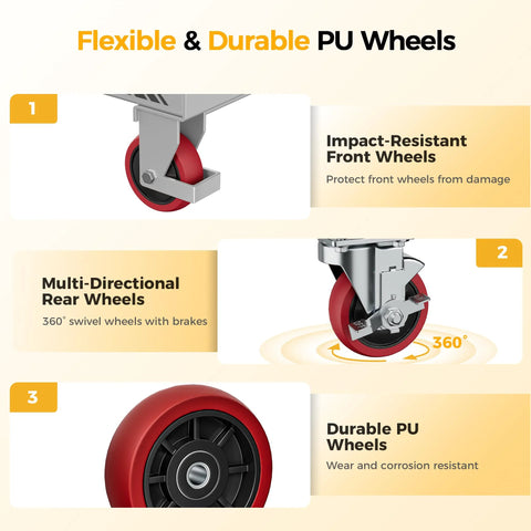 CAMMOO hydraulic lift cart wheels infographic showing front red PU wheel, 360° rear swivel wheels, and durable PU wheels.