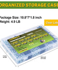 Pocket Hole Screws Assortment Kit 720 Pieces In 5 Sizes, clear storage case with label and dimensions marked.
