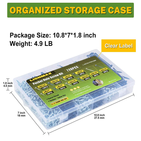 Pocket Hole Screws Assortment Kit 720 Pieces In 5 Sizes, clear storage case with label and dimensions marked.